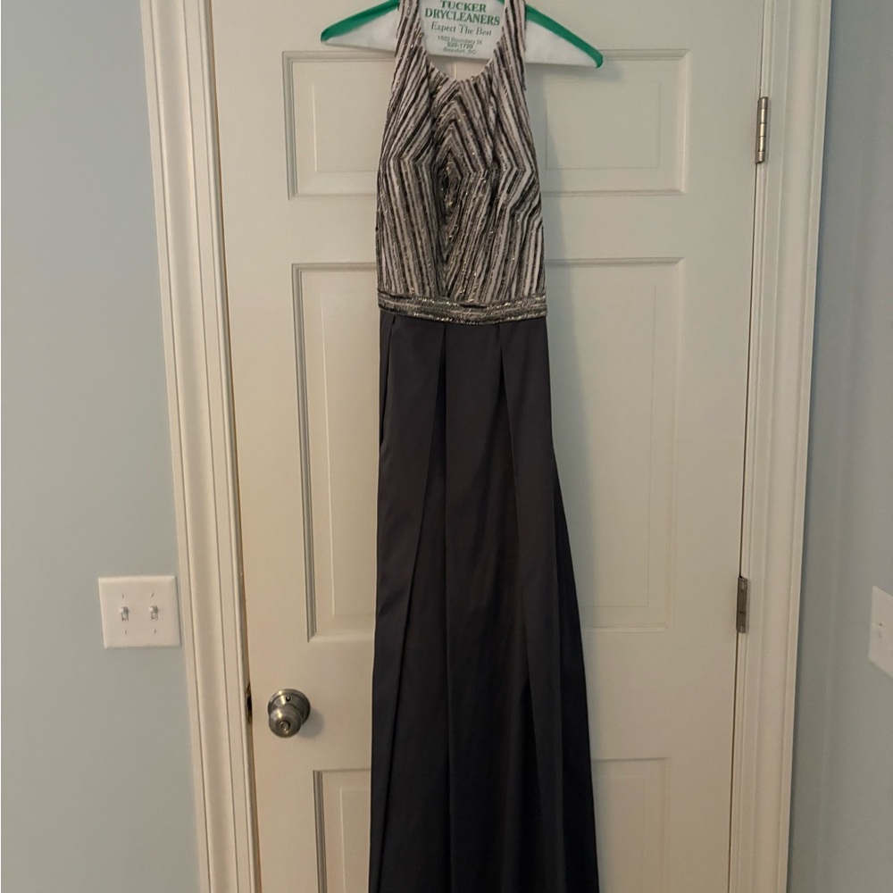 Aidan Mattox Silver and Black Prom Dress